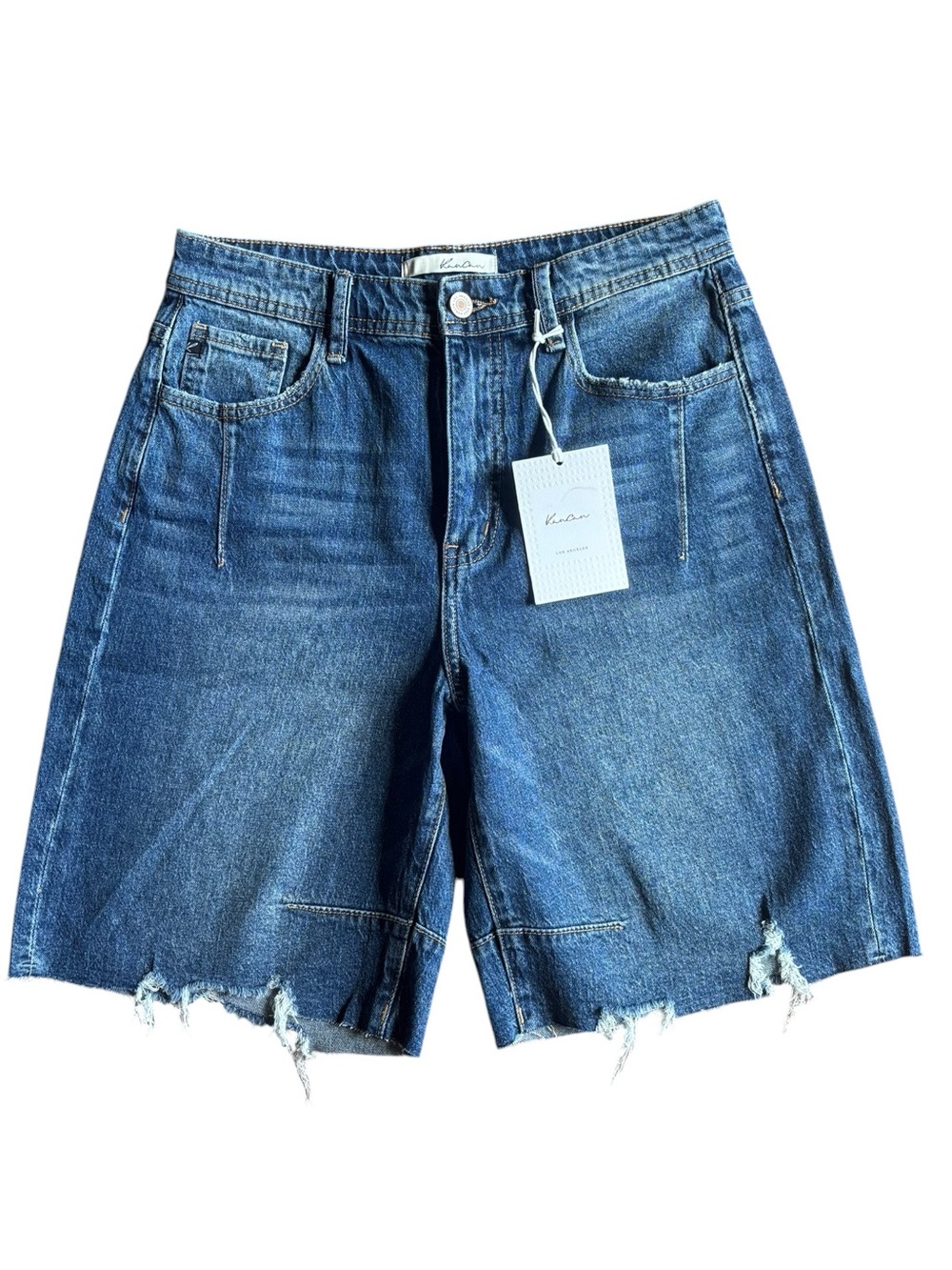 NWT Kancan Los Angeles Distressed Bermuda Denim Shorts Size 27 High Rise Raw Hem